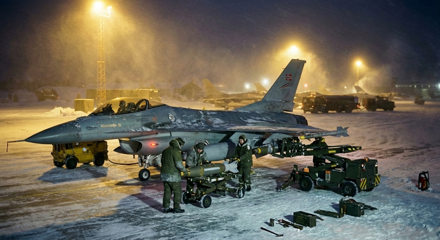 F-16 on a snow-lit ramp at night; ground crew loading ordnance under yellow floodlights.