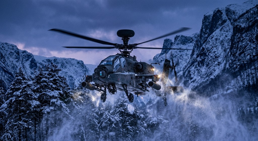 AH-64 Apache in a low hover over snow-covered forest; rotor wash lifting spindrift, mountains at twilight.