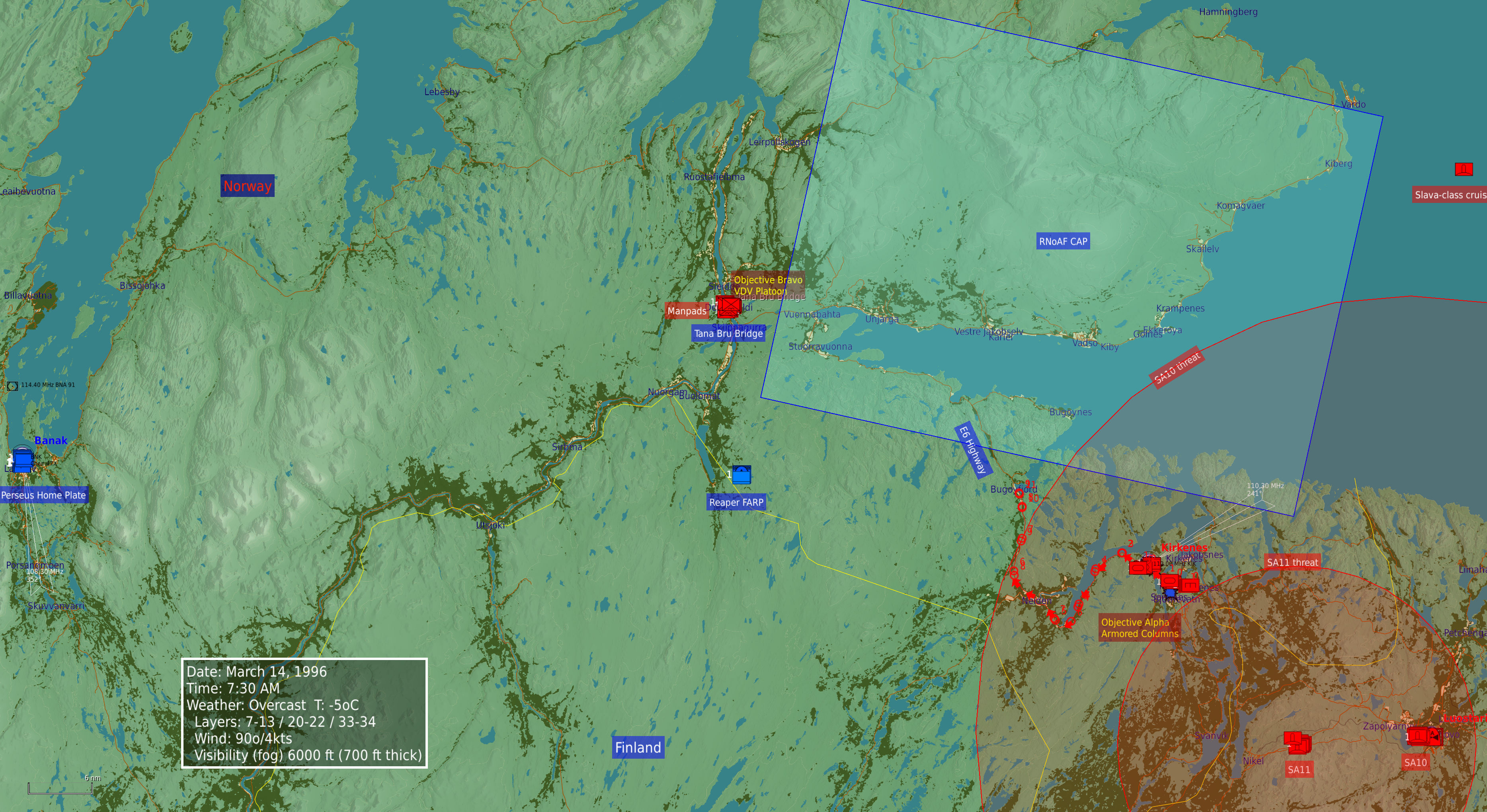 Tactical map: Norway, Finland, USSR border region. Banak, E6, Tana Bru bridge, objectives Alpha and Bravo, CAP box, SAM threat arcs, FARP, weather box.